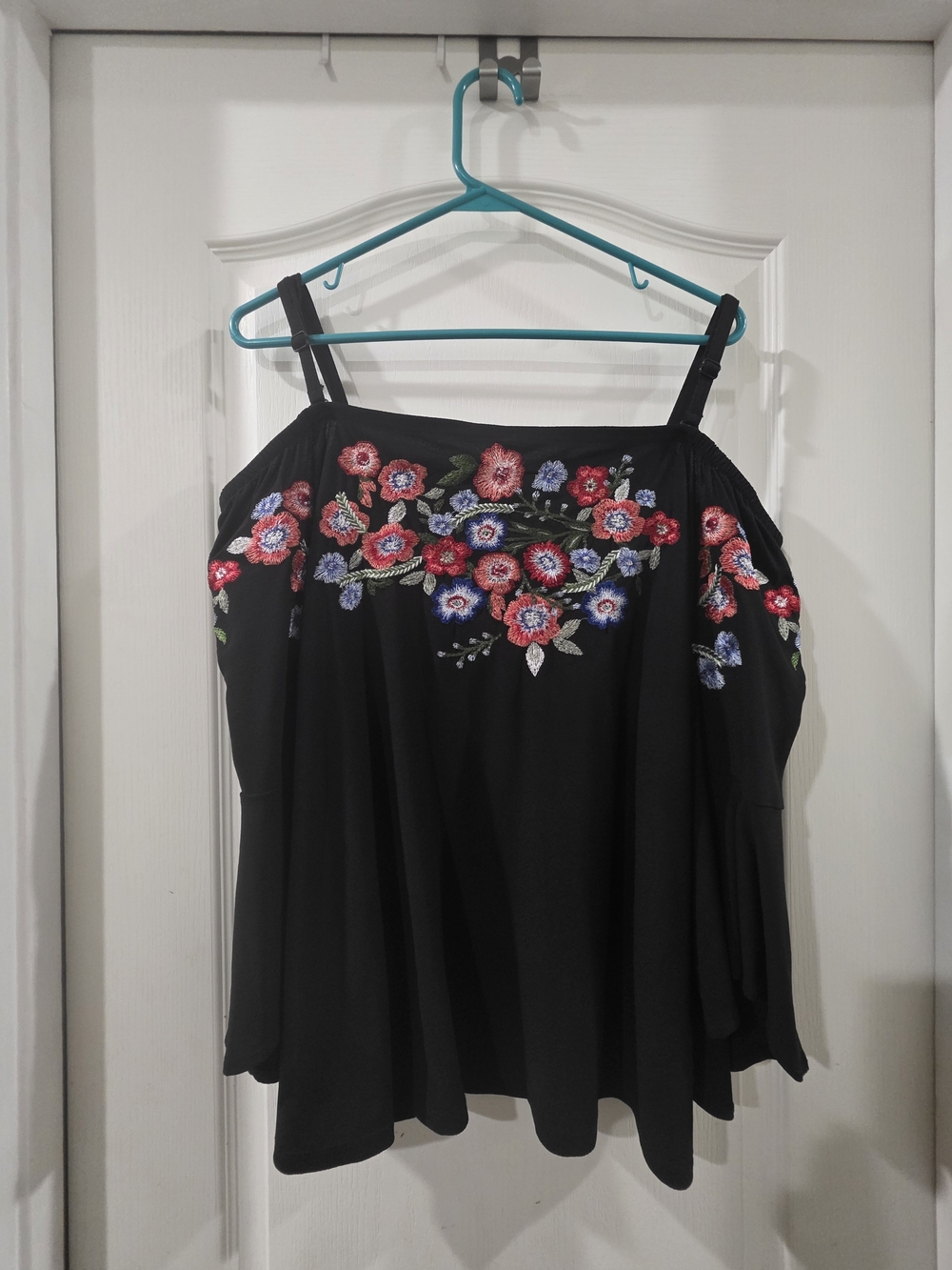 Black Cold-Shoulder Top with Red & Blue Floral Embroidery